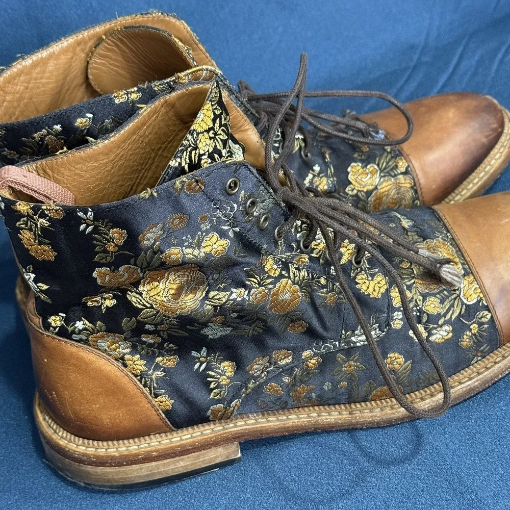 TAFT Mens Floral Cap Toe Lace Up Ankle Boots Brown Gold EU 42 US 9